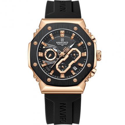 Montre chronographe homme noire et doré rose avec bracelet en silicone