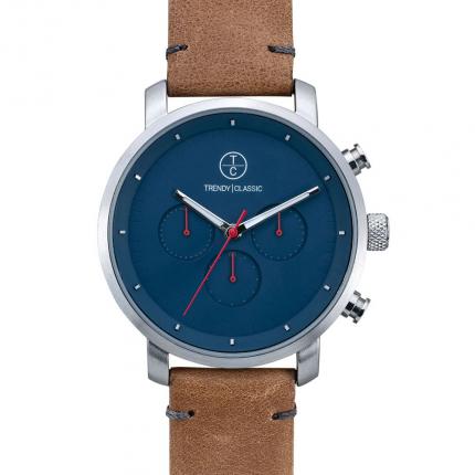 Montre homme avec chronographes équipée d un boitier rond en métal argenté et d un beau bracelet en cuir brun