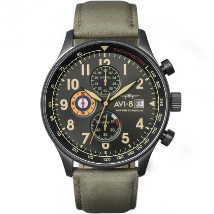 Montre aviateur militaire pour homme avec chronographe et bracelet kaki en cuir véritable