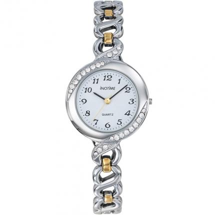 Petite montre bijou pour femme bicolore couleur argent et or en métal avec des strass