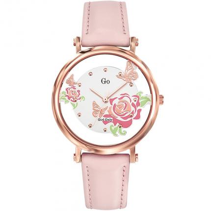 Montre femme avec motifs fleurs et papillons sur le cadran dotée d un très beau bracelet en cuir rose