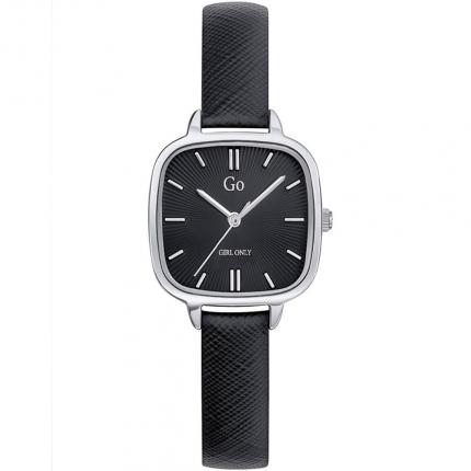 Petite montre femme carrée dotée d un boitier argenté et d un bracelet fin en cuir noir