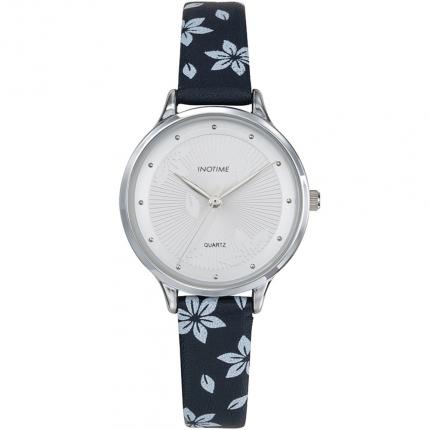 Montre femme bracelet cuir bleu foncé avec imprimé fantaisie fleurs blanches