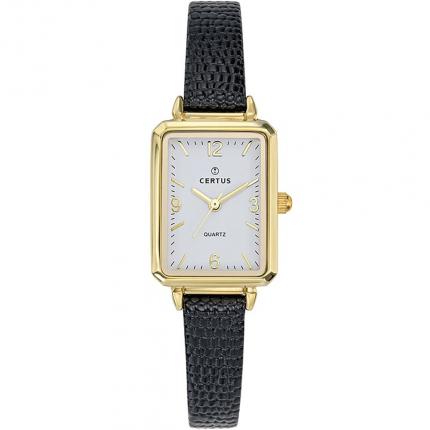 Petite montre femme rectangulaire  dorée et noire avec bracelet cuir imitation lézard de marque Certus