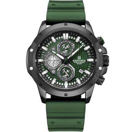 Montre homme chronographe fond vert avec bracelet vert en silicone et boitier noir en acier inoxydable